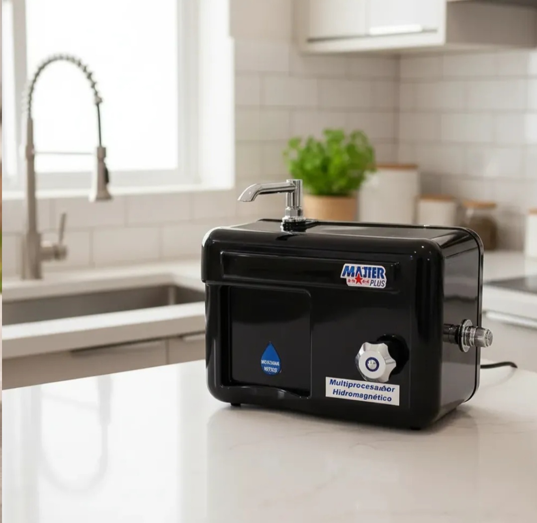 Purificador Master Plus preto instalado em uma cozinha